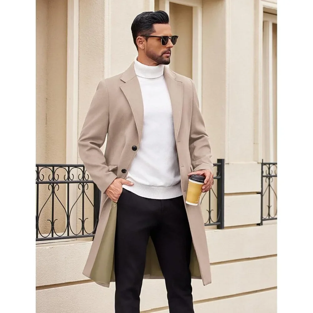 Men's Khaki Trench Coat Long Casual Overcoat Notched Collar Wool Blend Pea coat